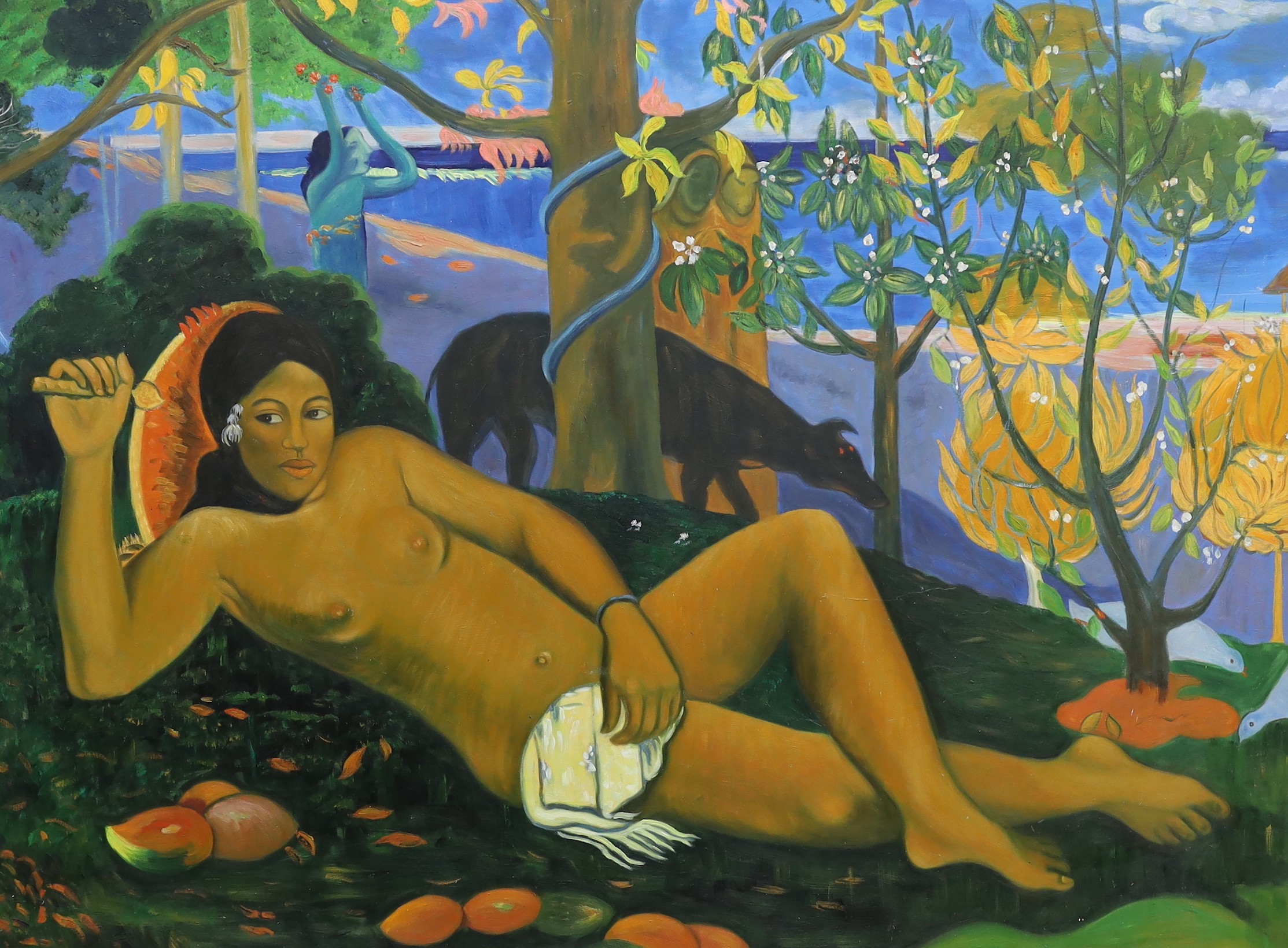 After Paul Gaugain, oil on board, A reclining beauty, 87 x 118cm